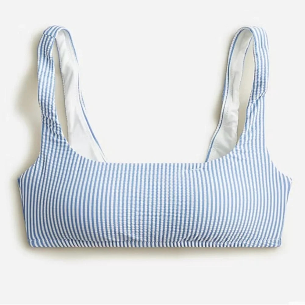 New J Crew Squareneck Bikini Top Seersucker Blue White